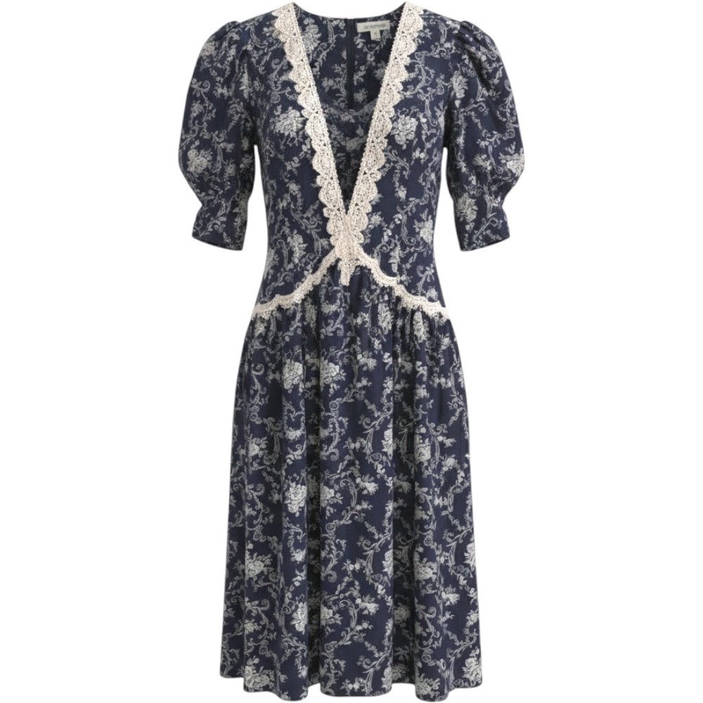 Jessica McClintock Gunne Sax Dress Blue Floral Lace Trim Prairie Cottagecore